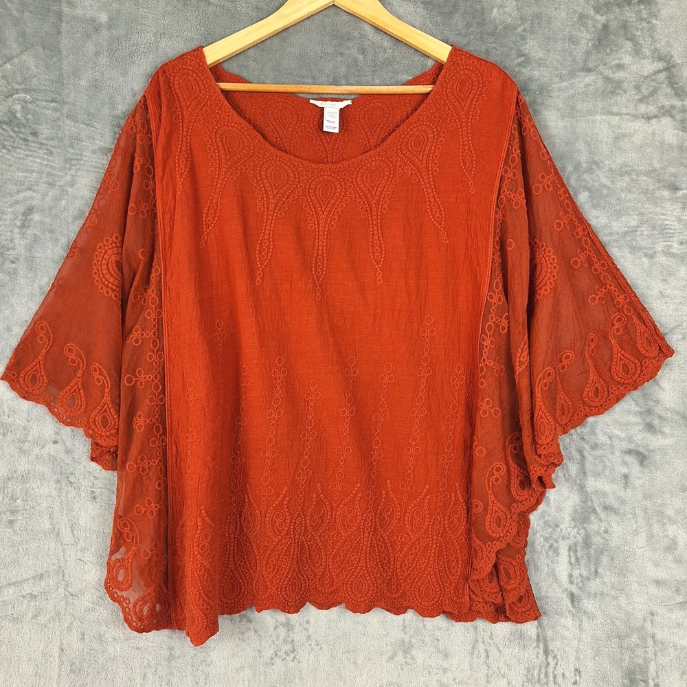 Womens Top 18/20W Orange Boho Fairy Crochet Crinkle Peasant Mesh Festival Retro